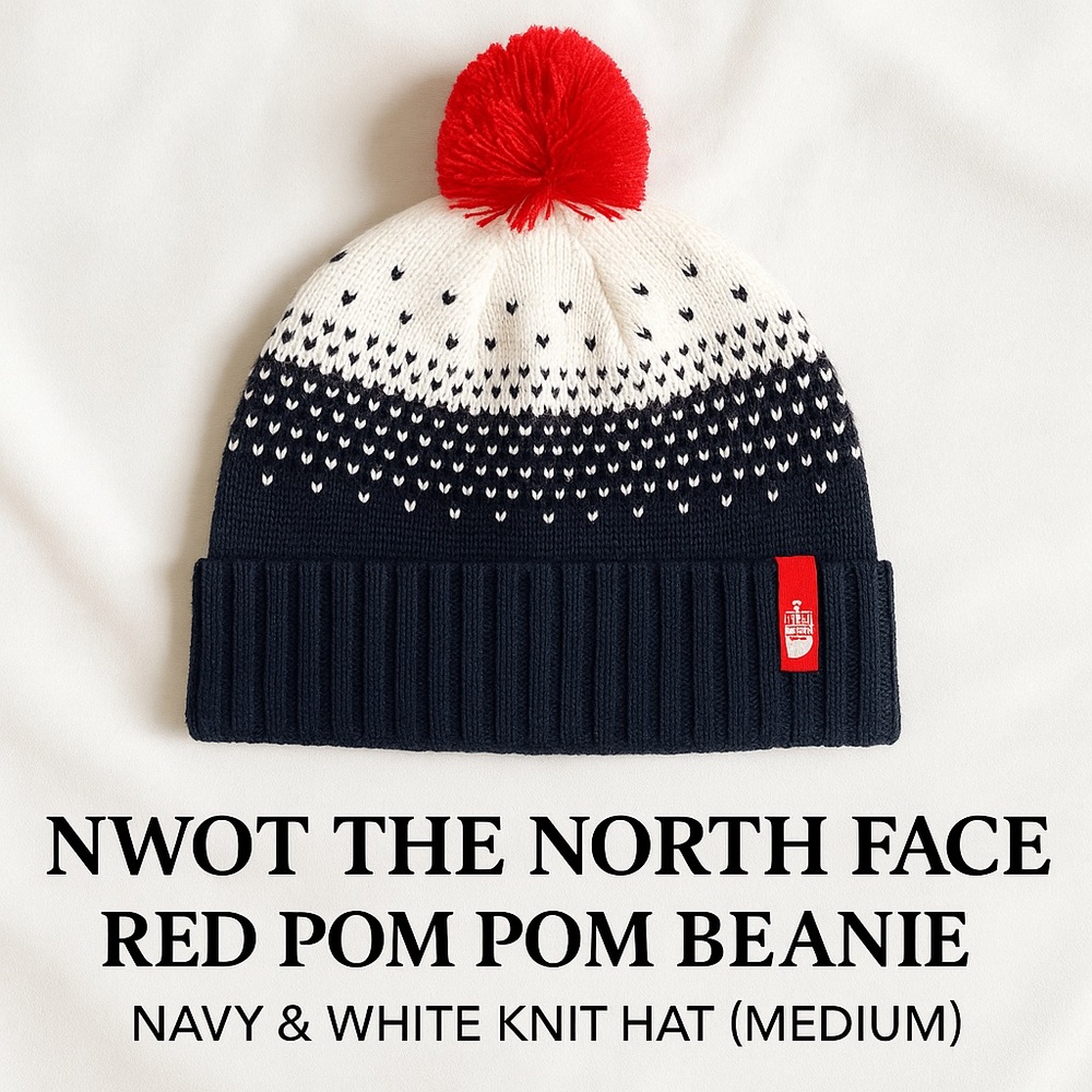 NWOT The North Face Red Pom Pom Beanie – Navy & White Knit Hat (Medium)